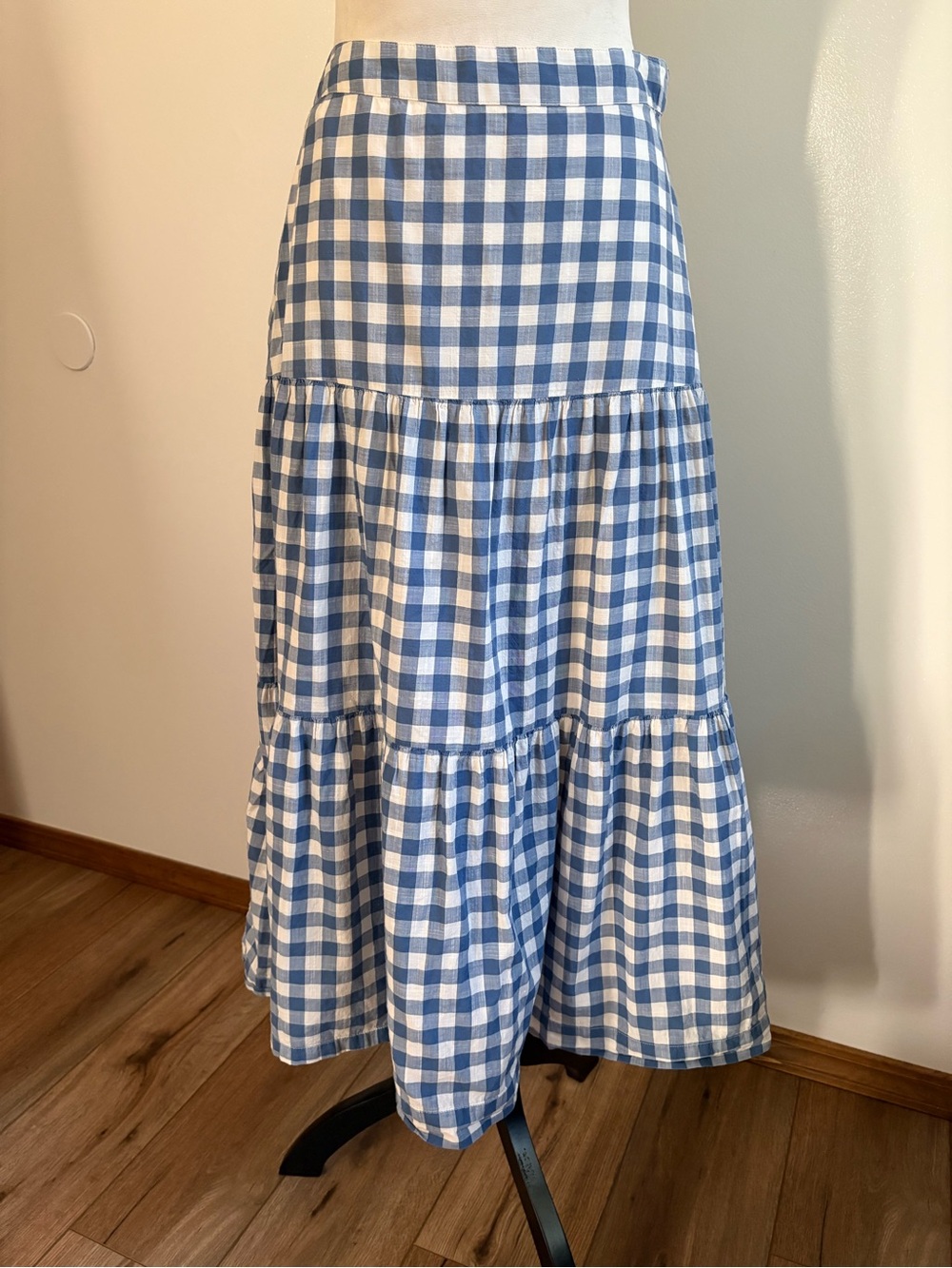 GAP 100% Cotton Tiered Maxi Skirt Blue Gingham Print Size 6